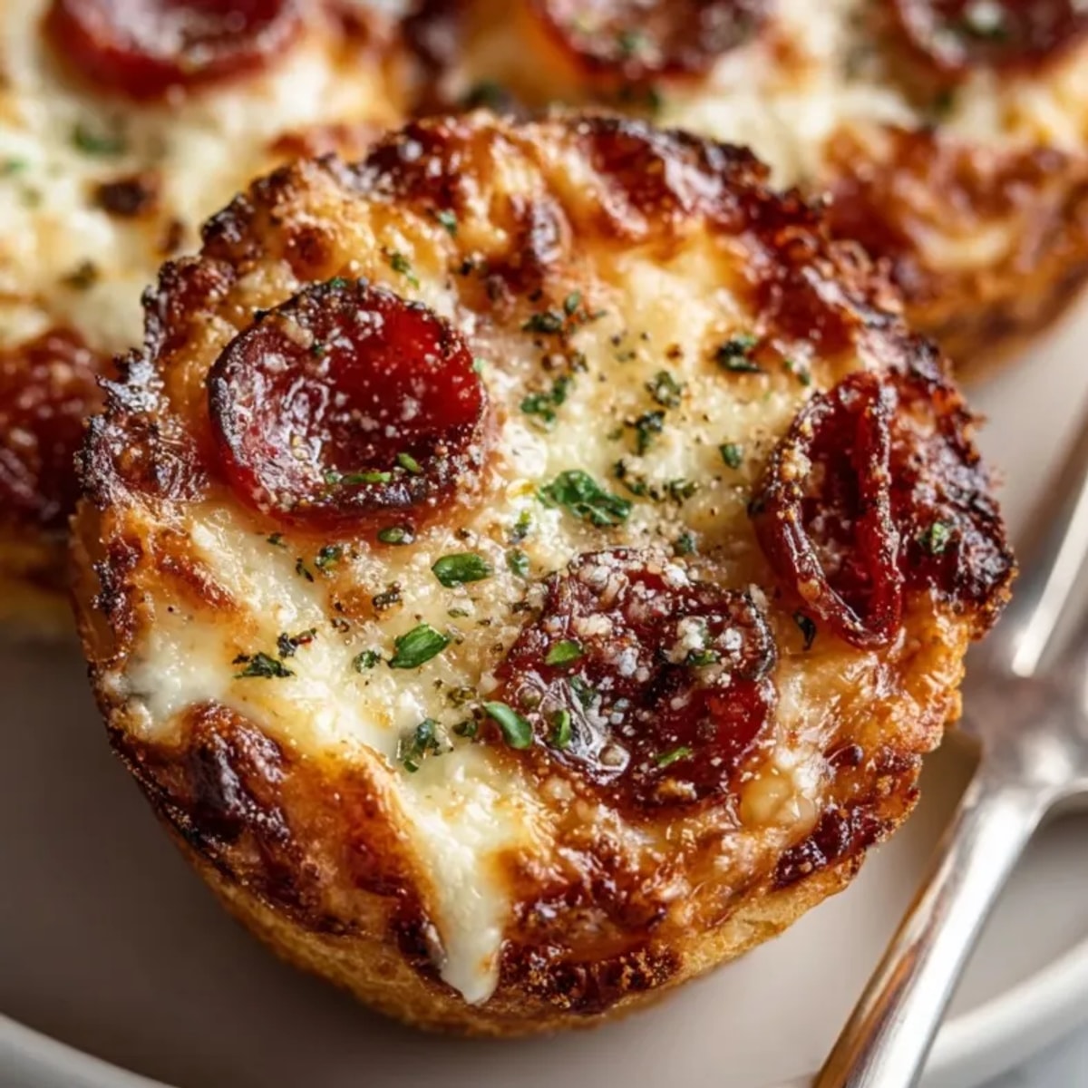 Golden pizza pot pies fresh from the oven, cheese bubbling inside biscuit crusts.