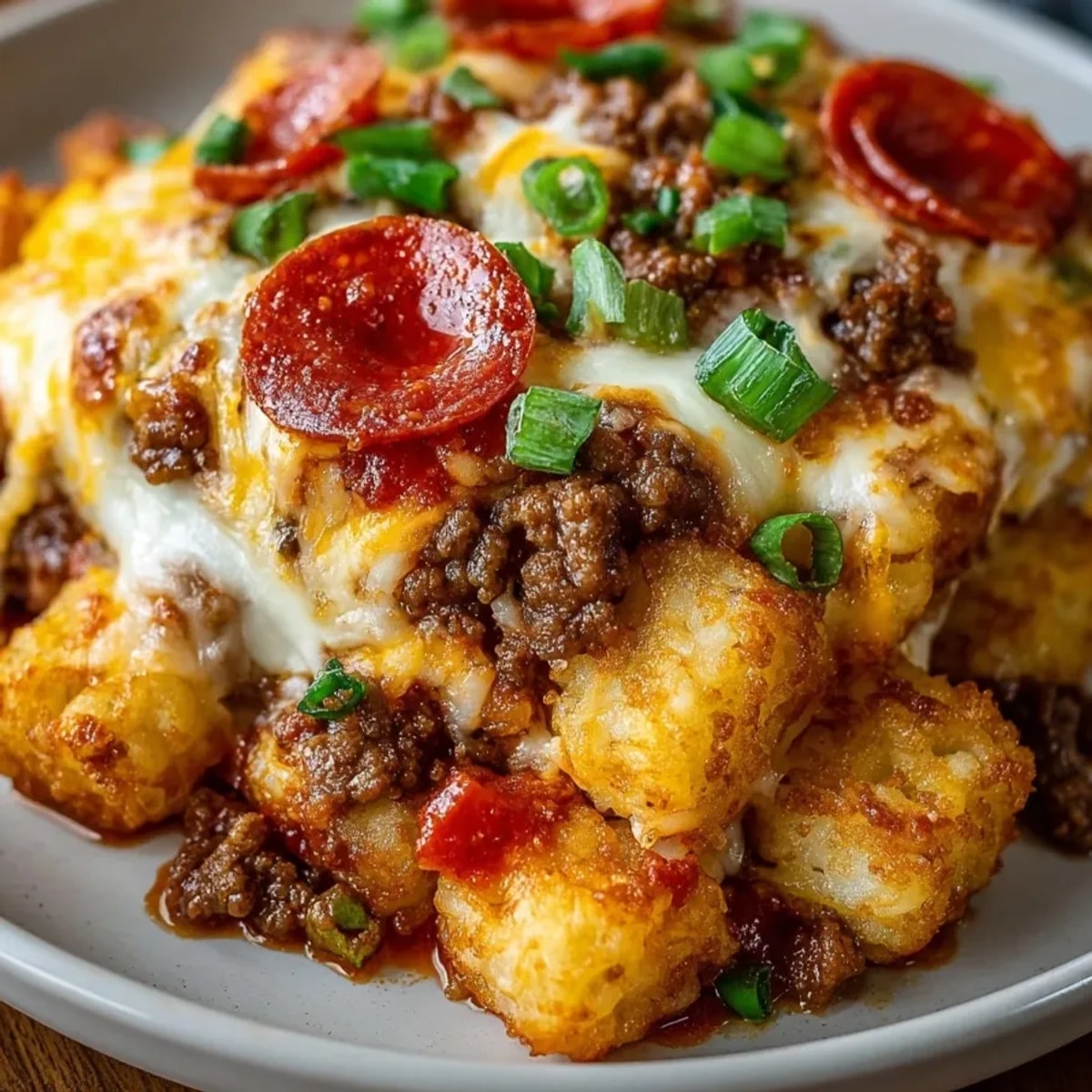 Pizza Tot Casserole fresh from the oven, topped with golden tater tots and melty cheese