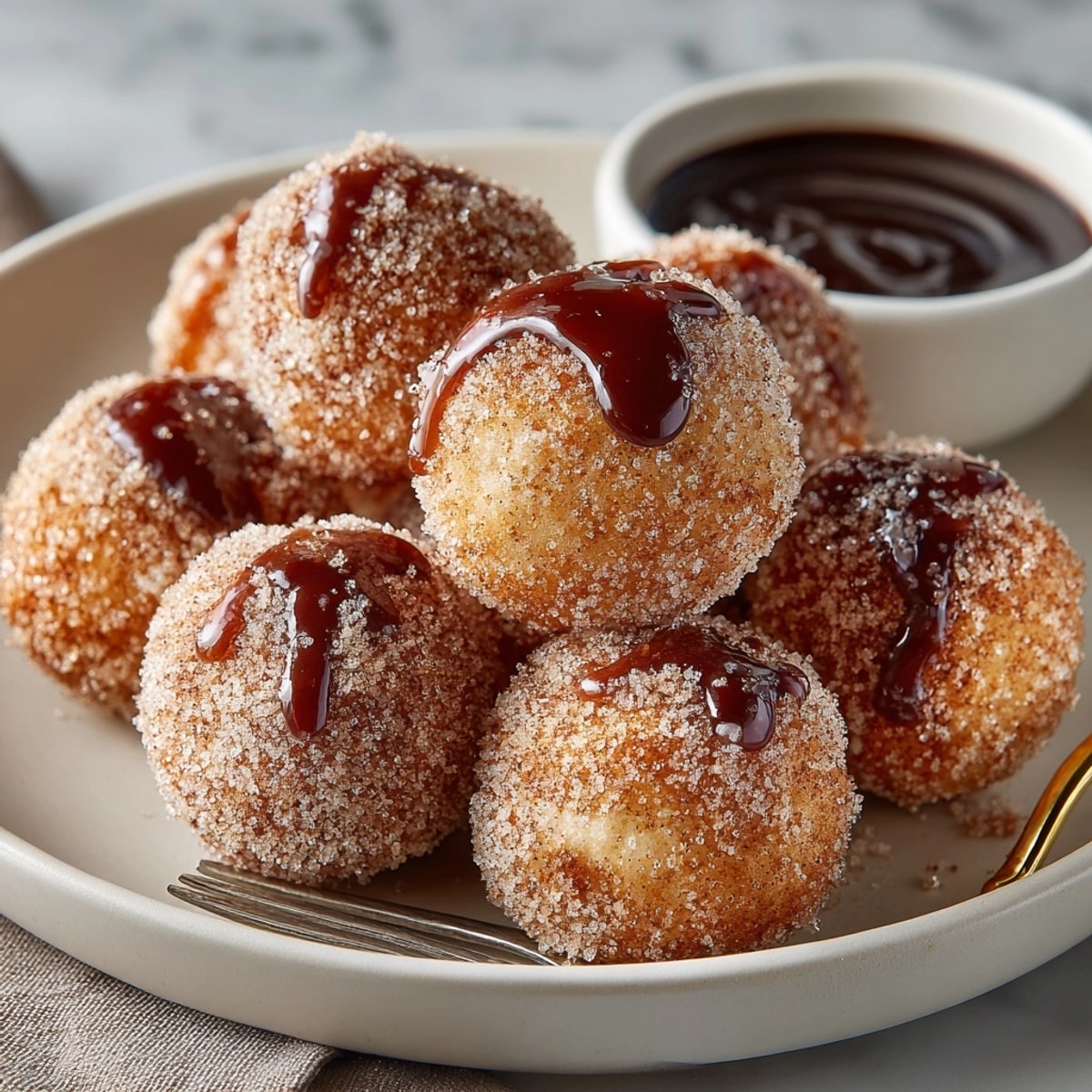 Close-up of sweet churro donut bites fresh from the air fryer, dusted with spiced sugar