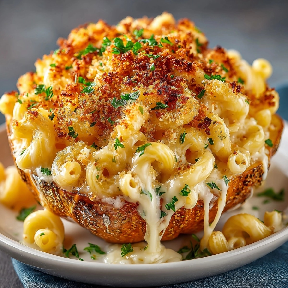 Golden, bubbly Mac-O-Lantern and Cheese, baked inside a sweet pumpkin with parsley.