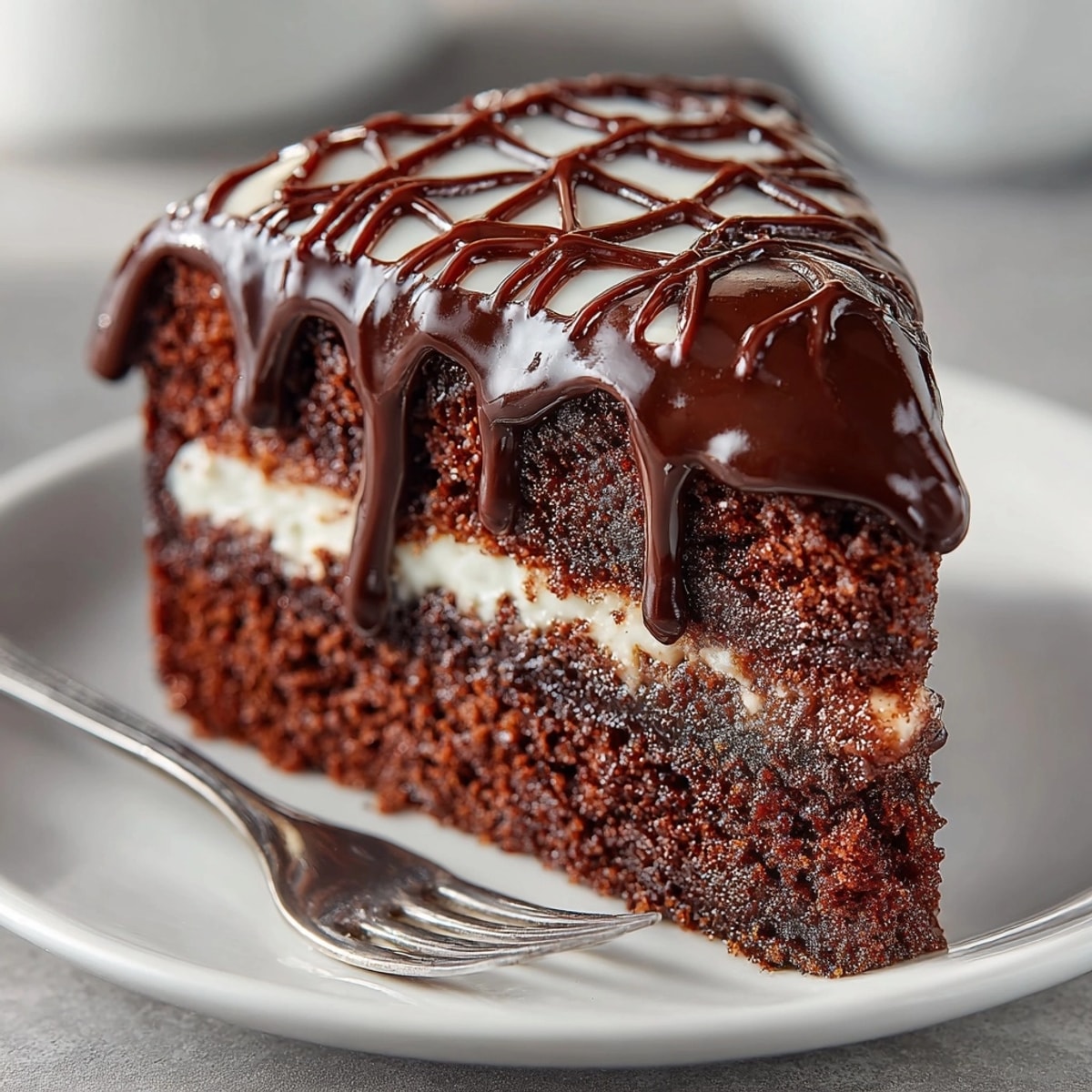 Rich chocolate spiderweb cake with dark ganache and white chocolate decoration.