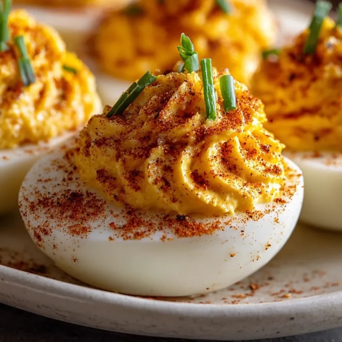 Creamy Jack-o'-Lantern Deviled Eggs, dusted with paprika, sitting on a festive Halloween platter.