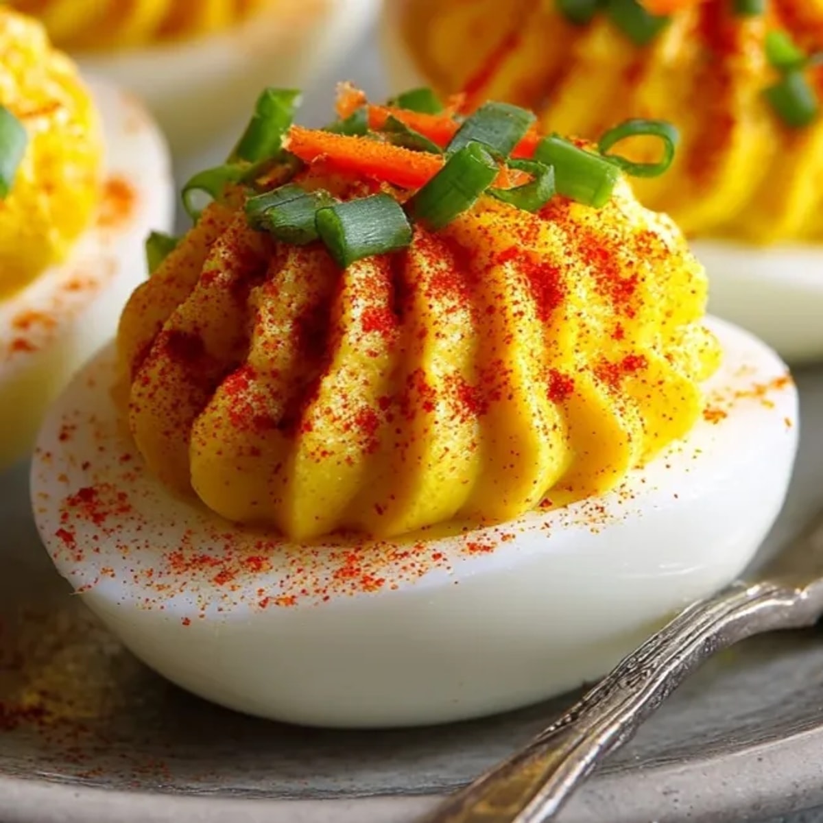 Spiced Jack-o'-Lantern Deviled Eggs showcase creamy yolk filling and chive stems for pumpkin flair.