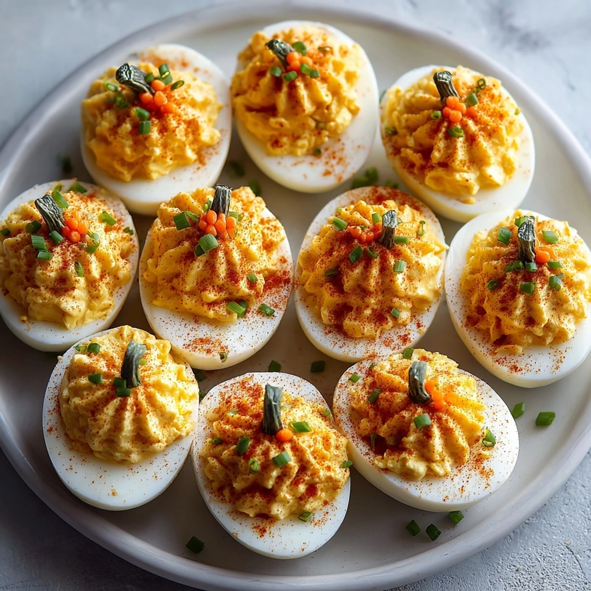 Homemade Jack-o'-Lantern Deviled Eggs, ready to serve as a spooky-delicious Halloween appetizer.