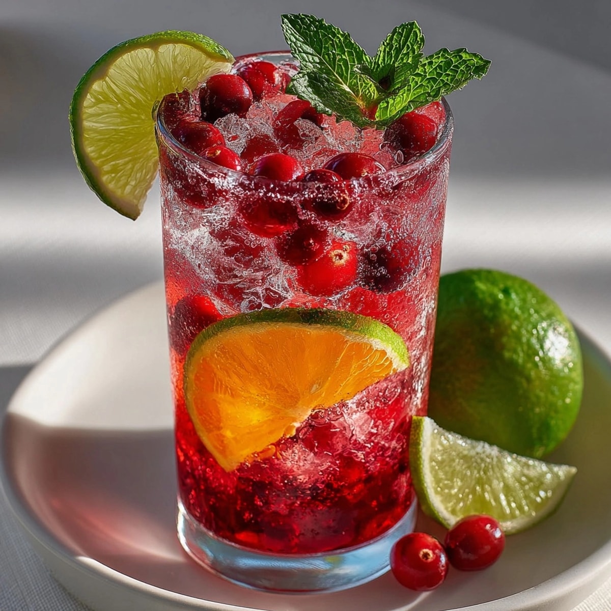 Homemade Cranberry Ginger Mocktail ingredients ready to be mixed: juice, syrup, garnishes, and soda.