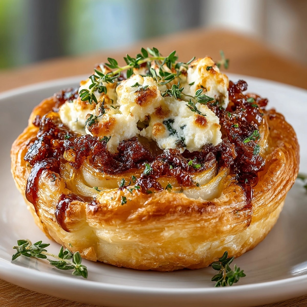 Golden brown Caramelized Onion & Goat Cheese Tartlets, flaky pastry crust, ready to serve.