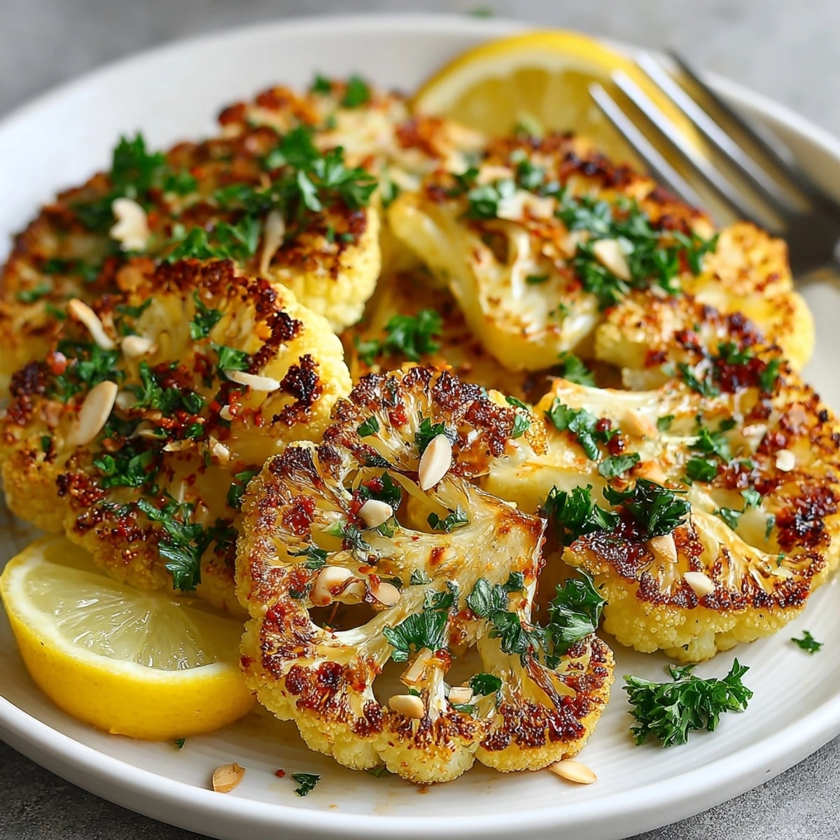 Spicy, smoky Harissa Roasted Cauliflower Steaks glistening with marinade, ready to be served.