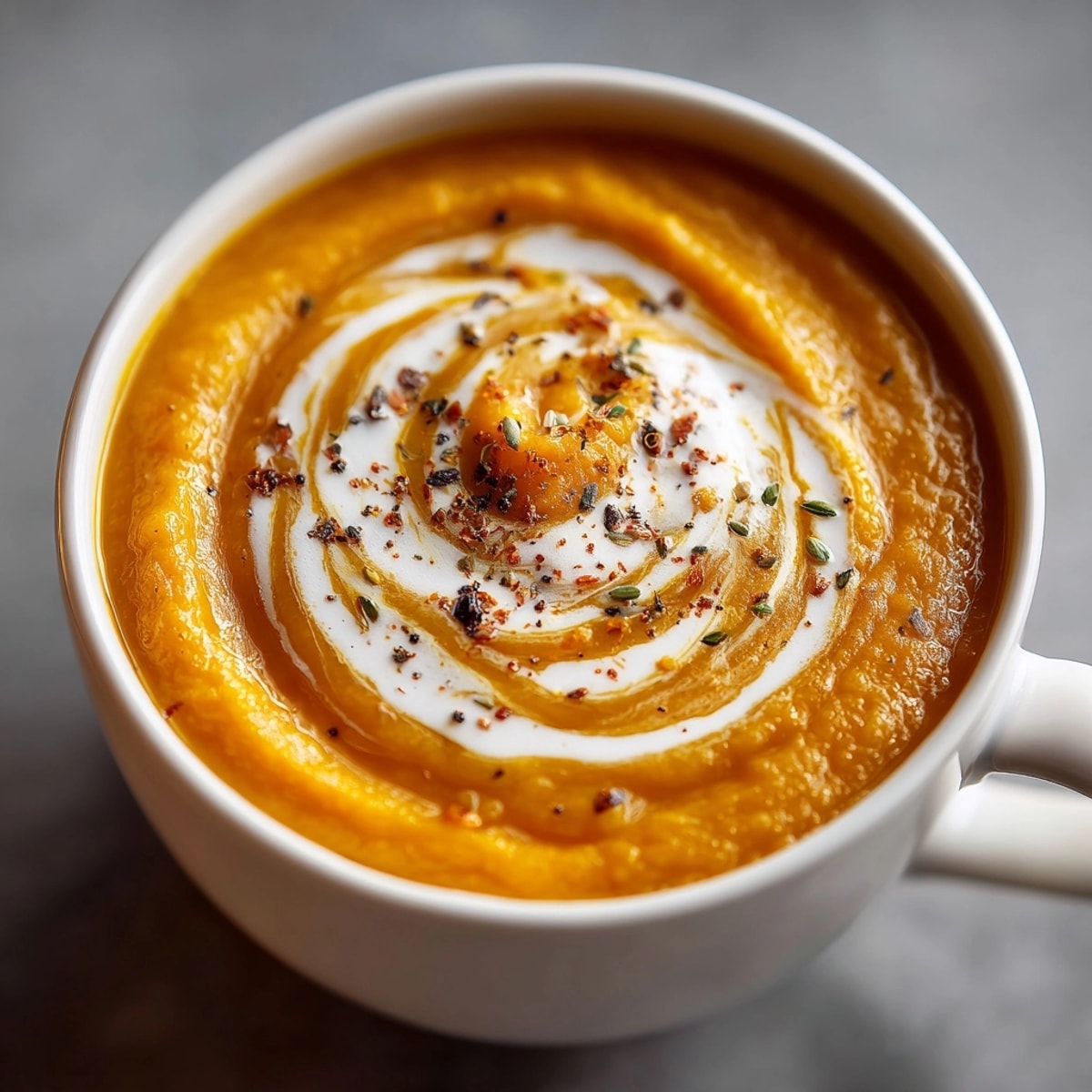 Creamy Roasted Pumpkin & Apple Soup glistens, garnished with a delicate swirl of cream.