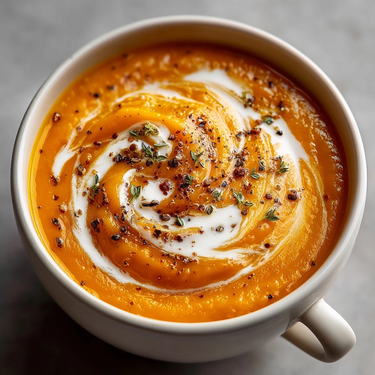 Golden Roasted Pumpkin and Apple Soup with aromatic cinnamon, served in a speckled bowl.