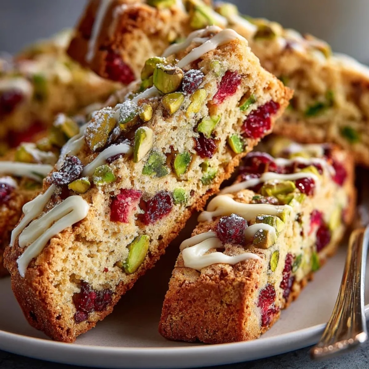Golden brown pistachio cranberry biscotti, studded with nuts, drizzled with white chocolate.