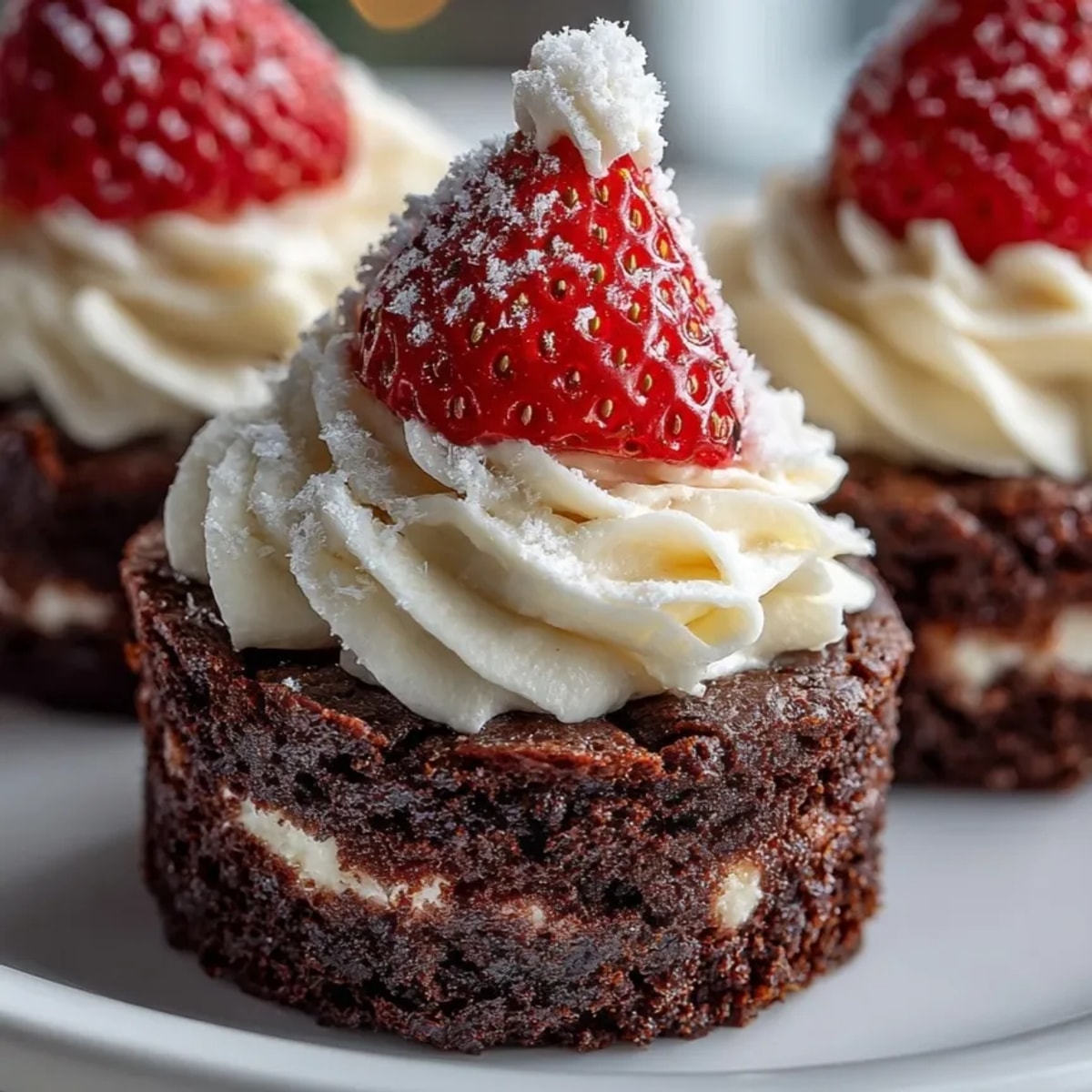 Close-up of Santa Hat Brownie Bites: Fudgy squares topped with whipped, snowy hats.