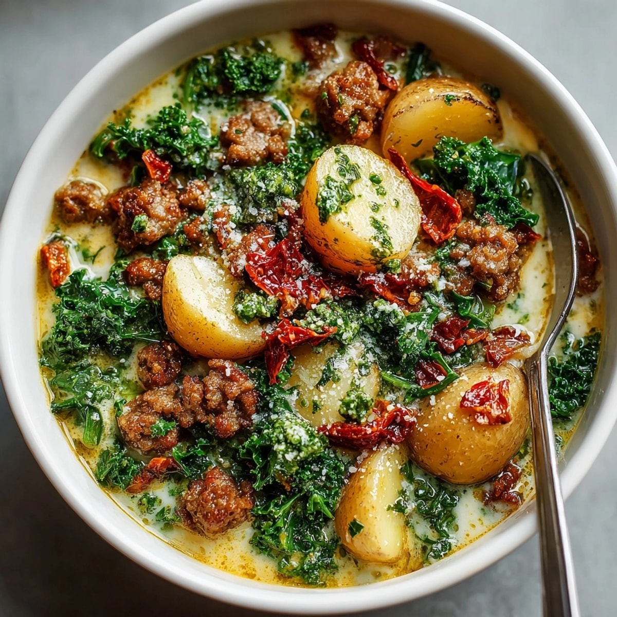Creamy Instant Pot Pesto Zuppa Toscana with sausage, potatoes, and kale, ready for garnish.