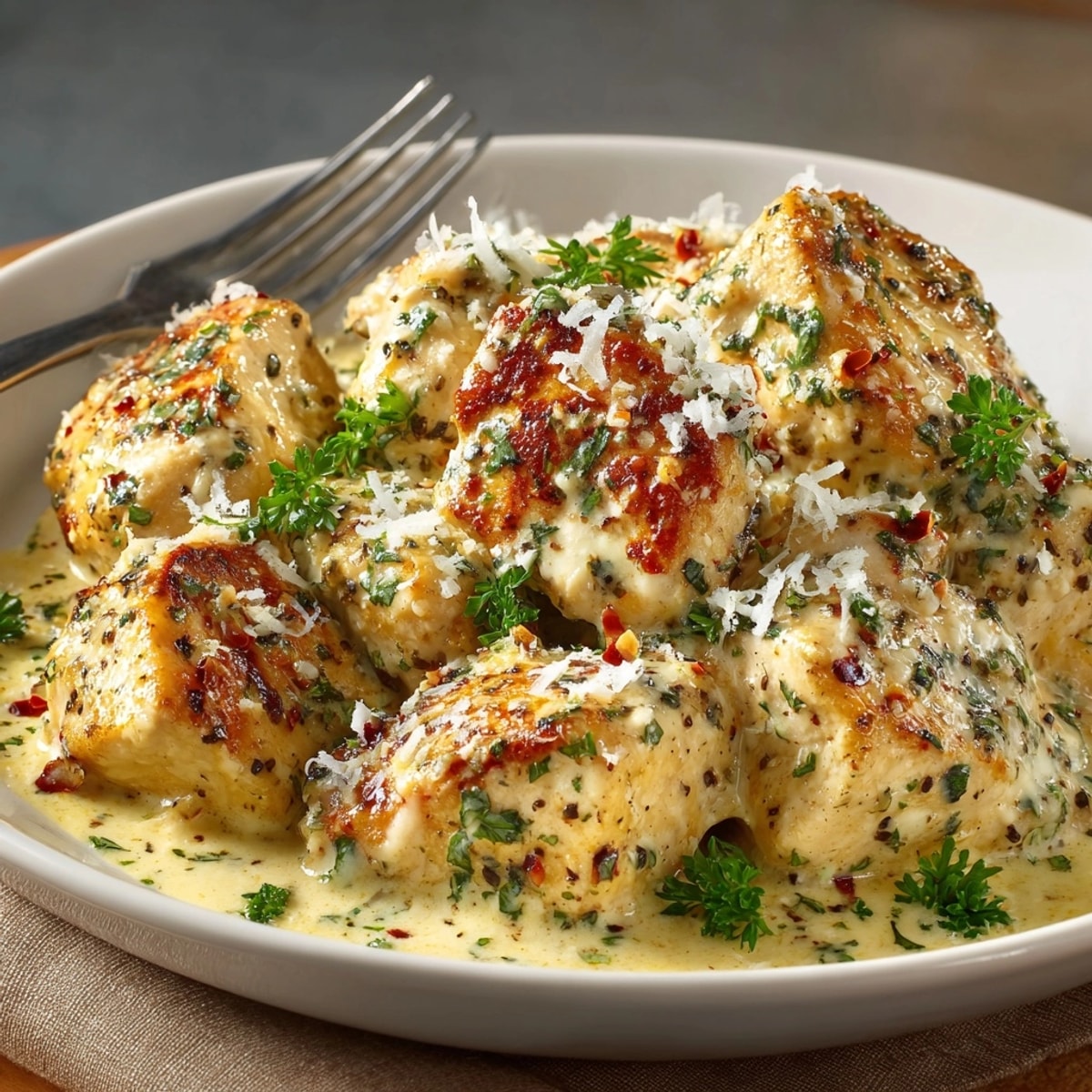 Golden brown Creamy Garlic Chicken in decadent sauce, ready to be served over pasta.