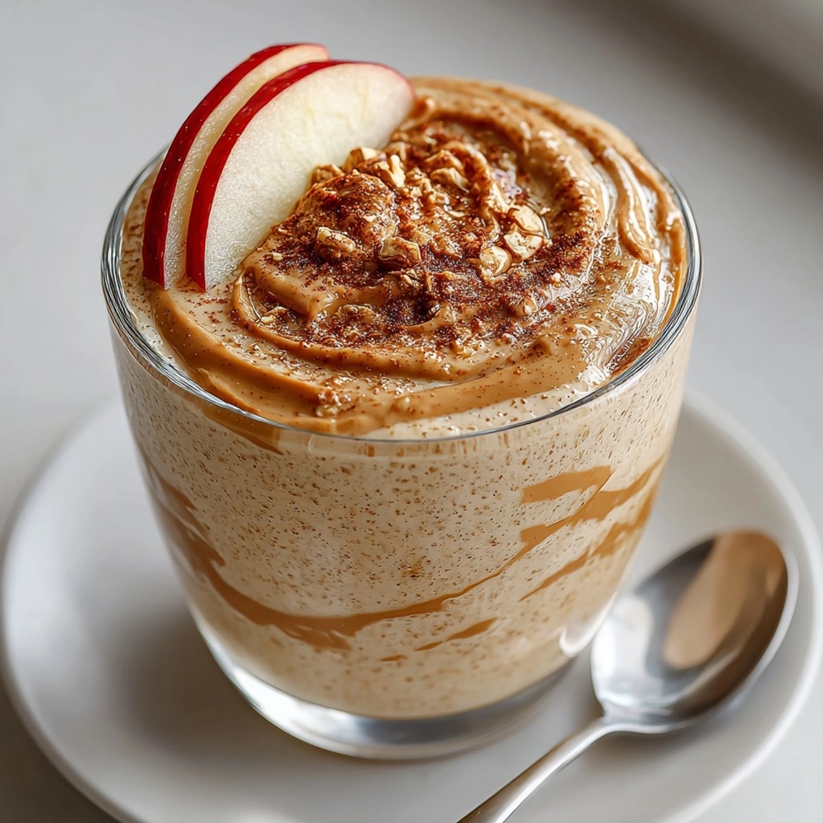 Creamy Peanut Butter Apple Fall Smoothie, swirled in a glass, garnished with cinnamon.
