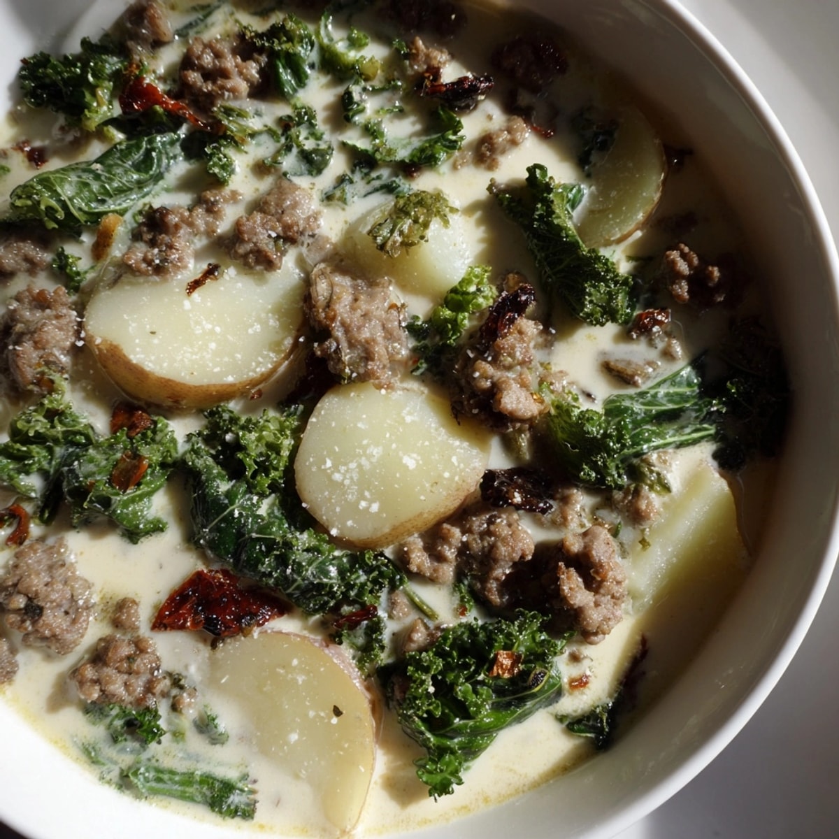 Warm bowl of rich Instant Pot Pesto Zuppa Toscana, garnished with Parmesan cheese.