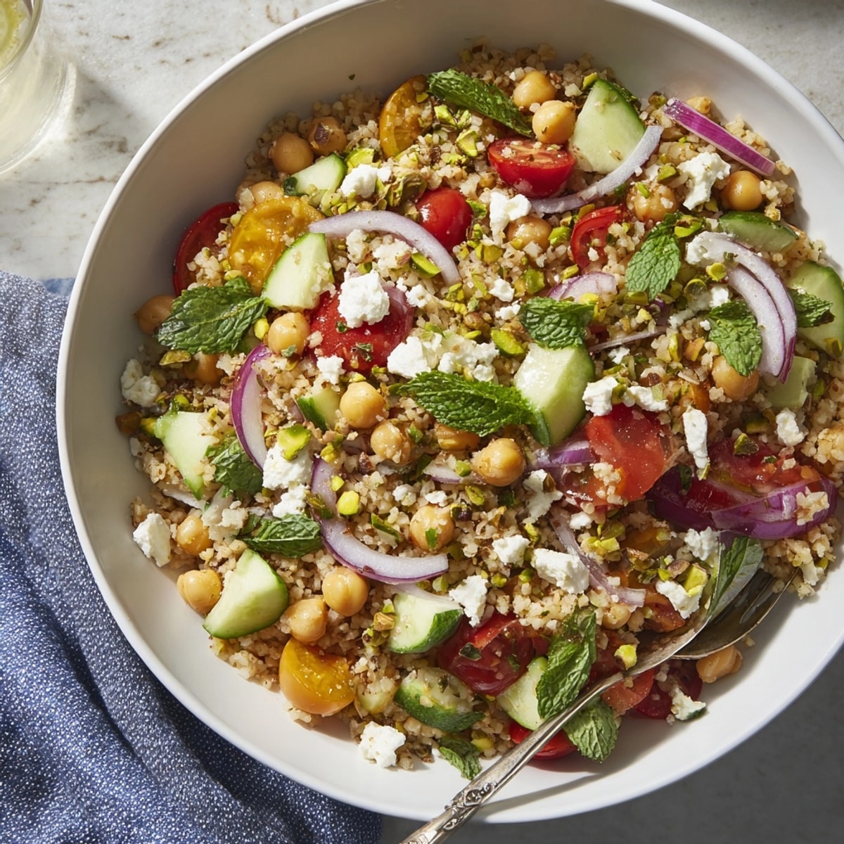 A satisfying bowl of Jennifer Aniston Salad with feta, pistachios, offering a protein-packed lunch.