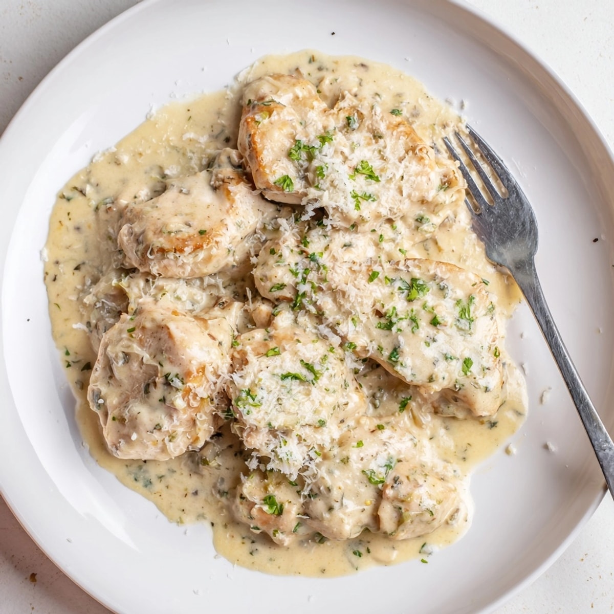 Serving suggestion: Creamy Garlic Chicken with a sprinkle of parsley, ready to eat.
