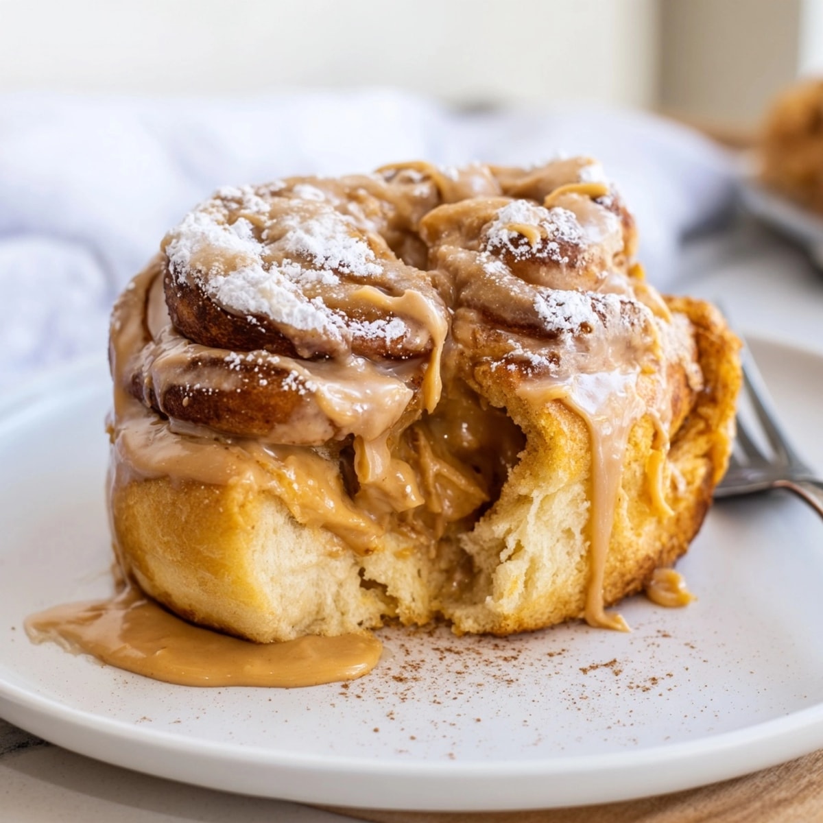 Homemade Peanut Butter Maple Breakfast Rolls, sliced to show off the swirl filling.