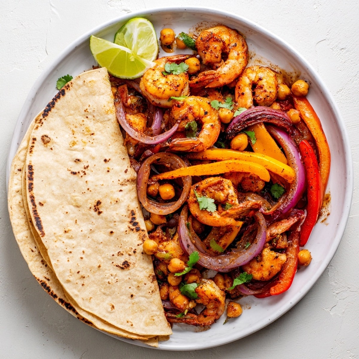 Close-up: Juicy Shrimp & Chickpea Sheet Pan Fajitas, ideal for a quick weeknight dinner.