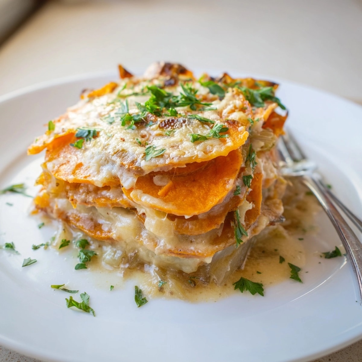 Golden brown and bubbly Cajun Sweet Potato Gratin, fresh from the oven.
