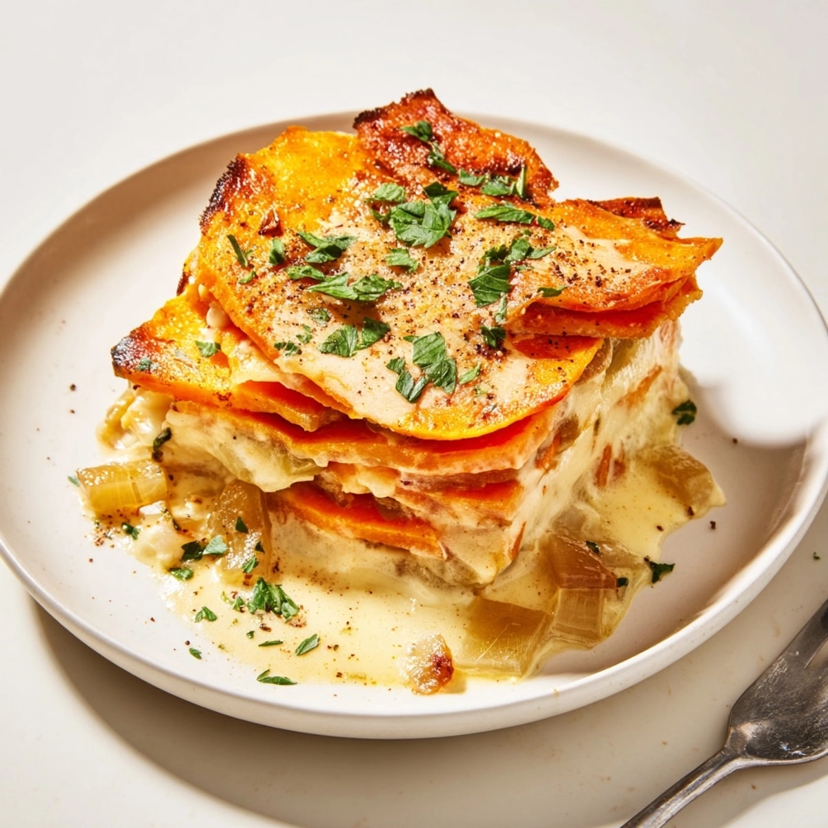 Close-up of a cheesy, rich Cajun Sweet Potato Gratin, ready to serve.