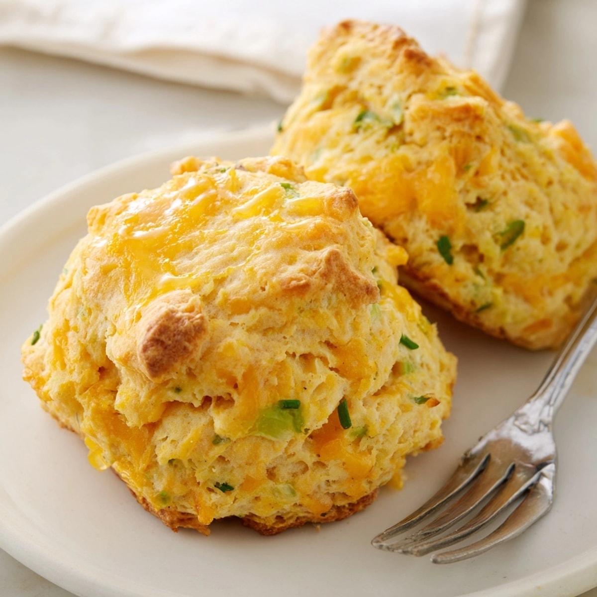 Golden Avocado Cheddar Breakfast Biscuits, flaky and warm from the oven, ready to eat.