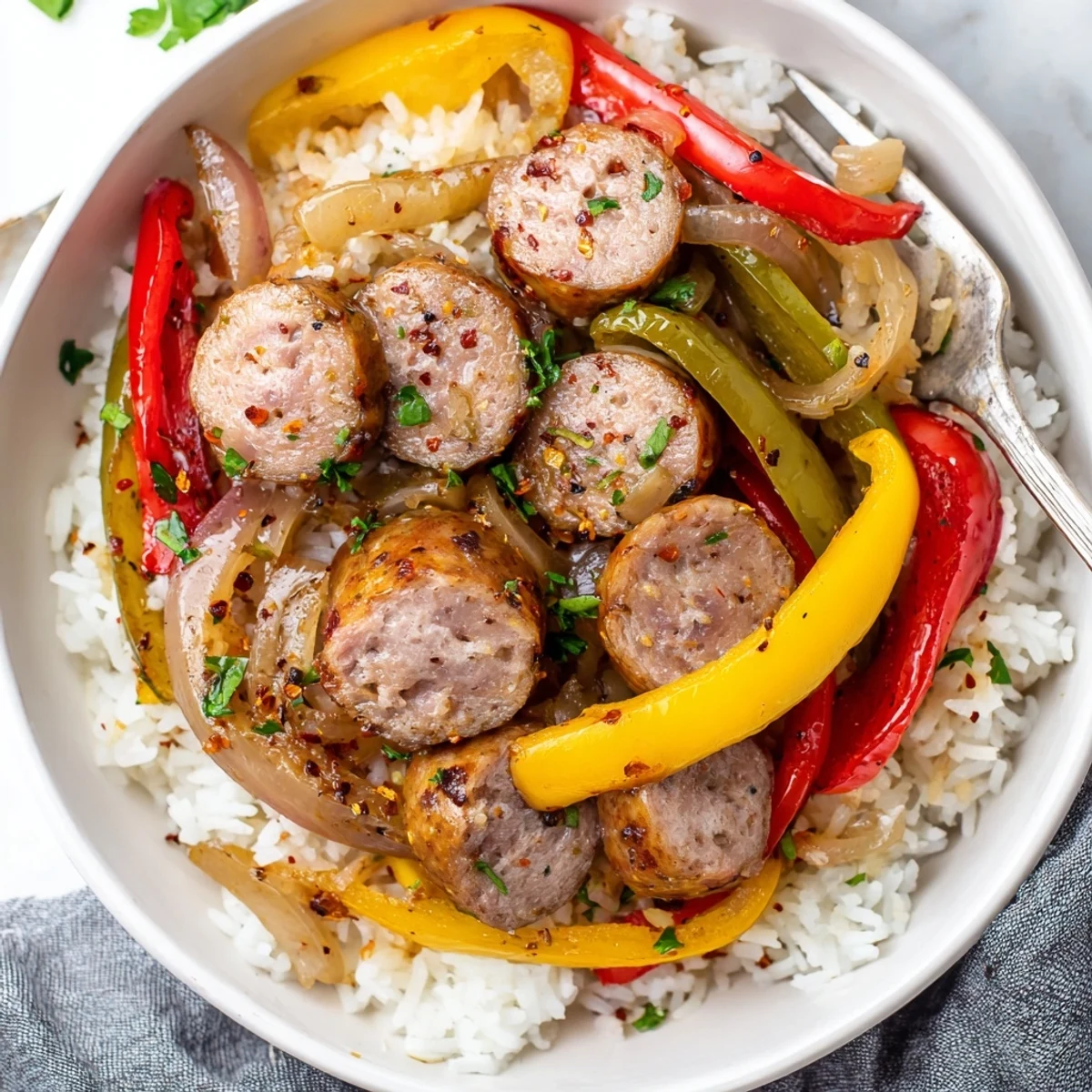 Sausage and Peppers with Rice garnished with parsley, showcasing vibrant colors and hearty textures.