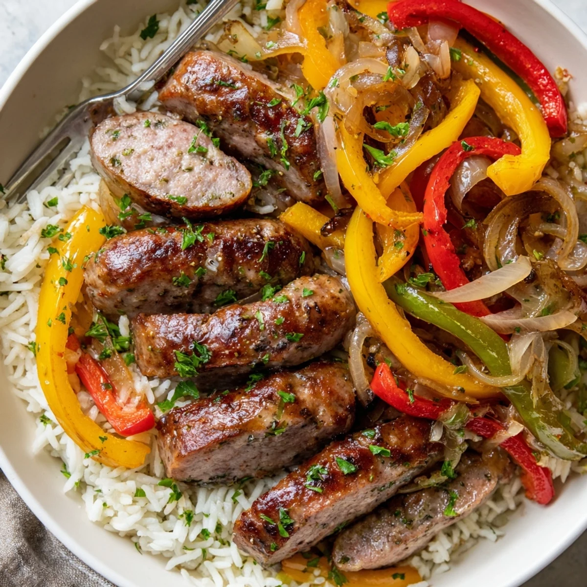 A delicious plate of Sausage and Peppers with Rice, bursting with flavor and freshness.