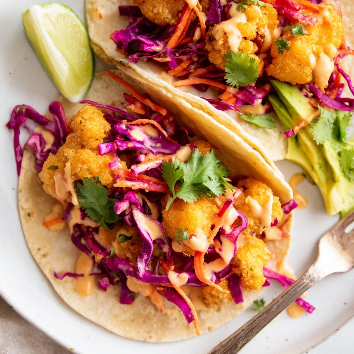 Crispy tempura cauliflower taco bites layered with zesty slaw and creamy sauce.  