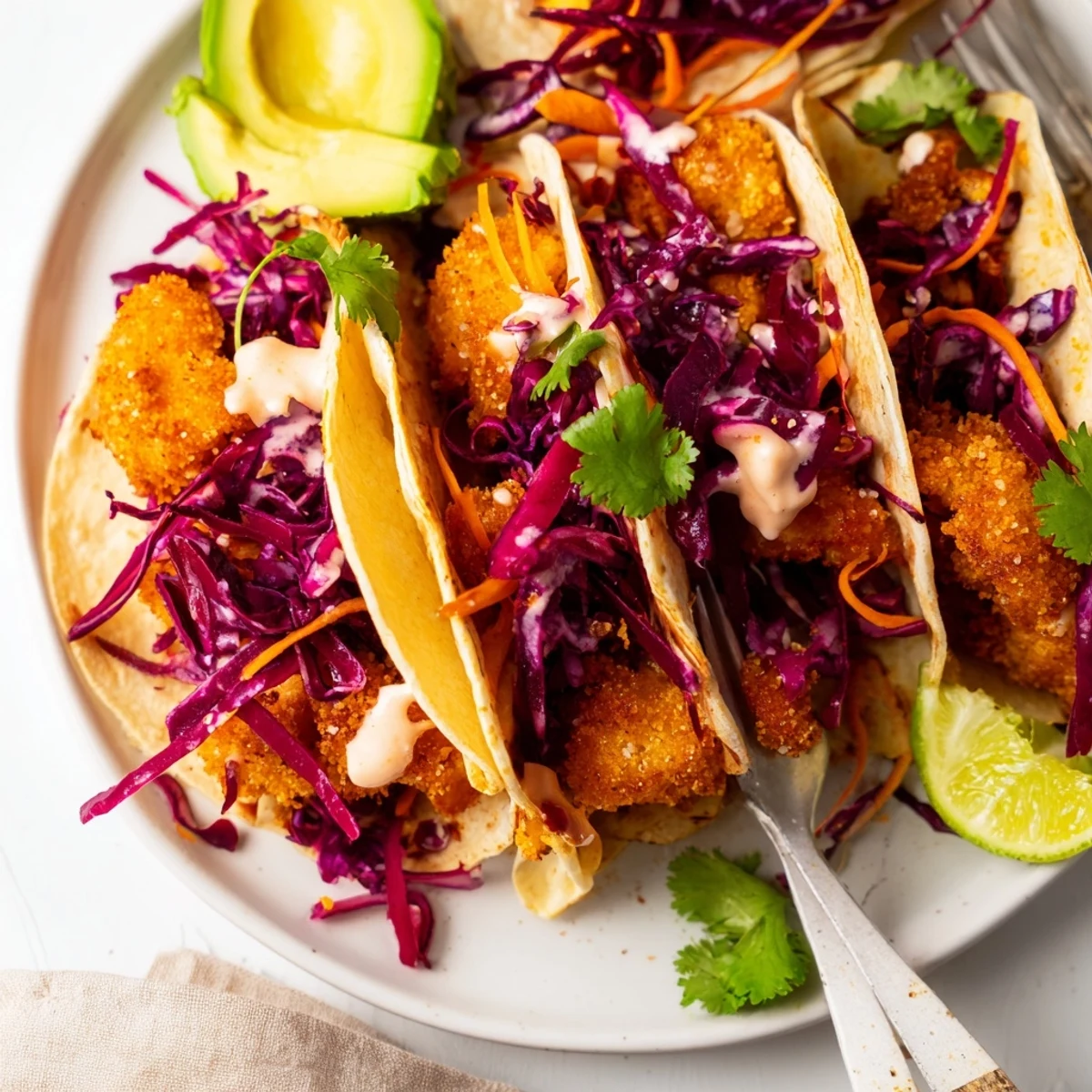 Deliciously golden tempura cauliflower tacos topped with fresh slaw and avocado slices.  