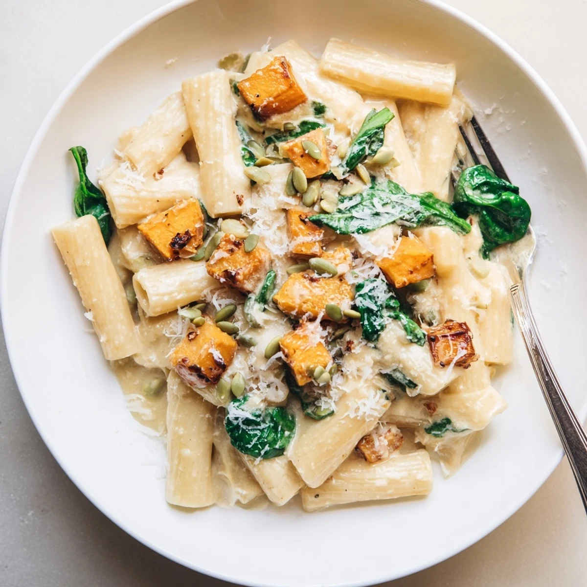 A warm bowl of Creamy Miso Fall Pasta topped with roasted squash and herbs.