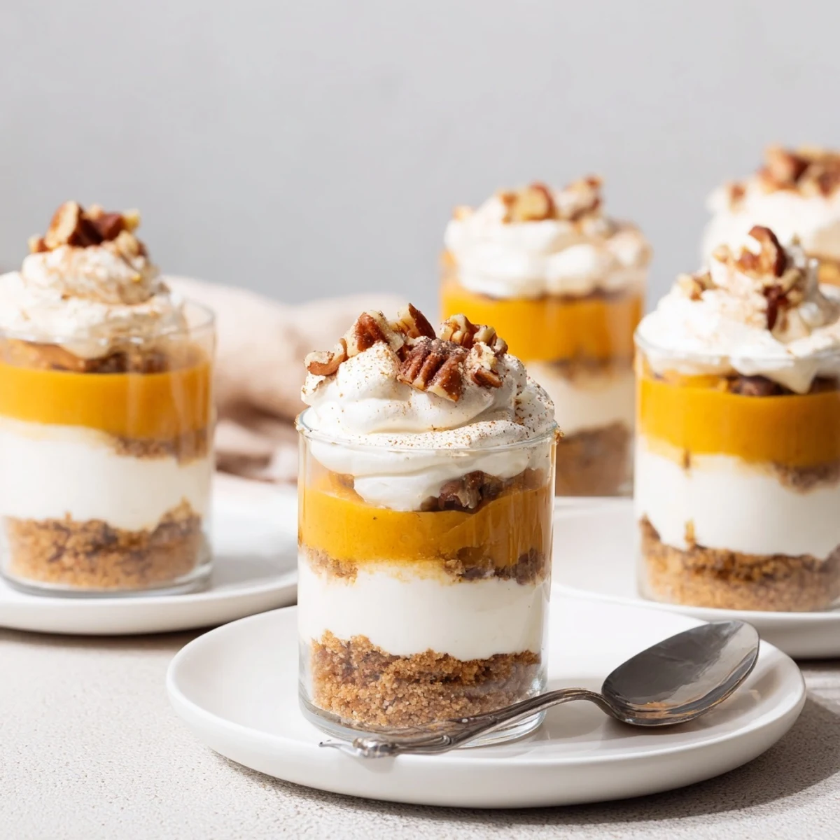 Festive mini parfaits featuring pumpkin, cheesecake, and graham cracker for Thanksgiving delight.