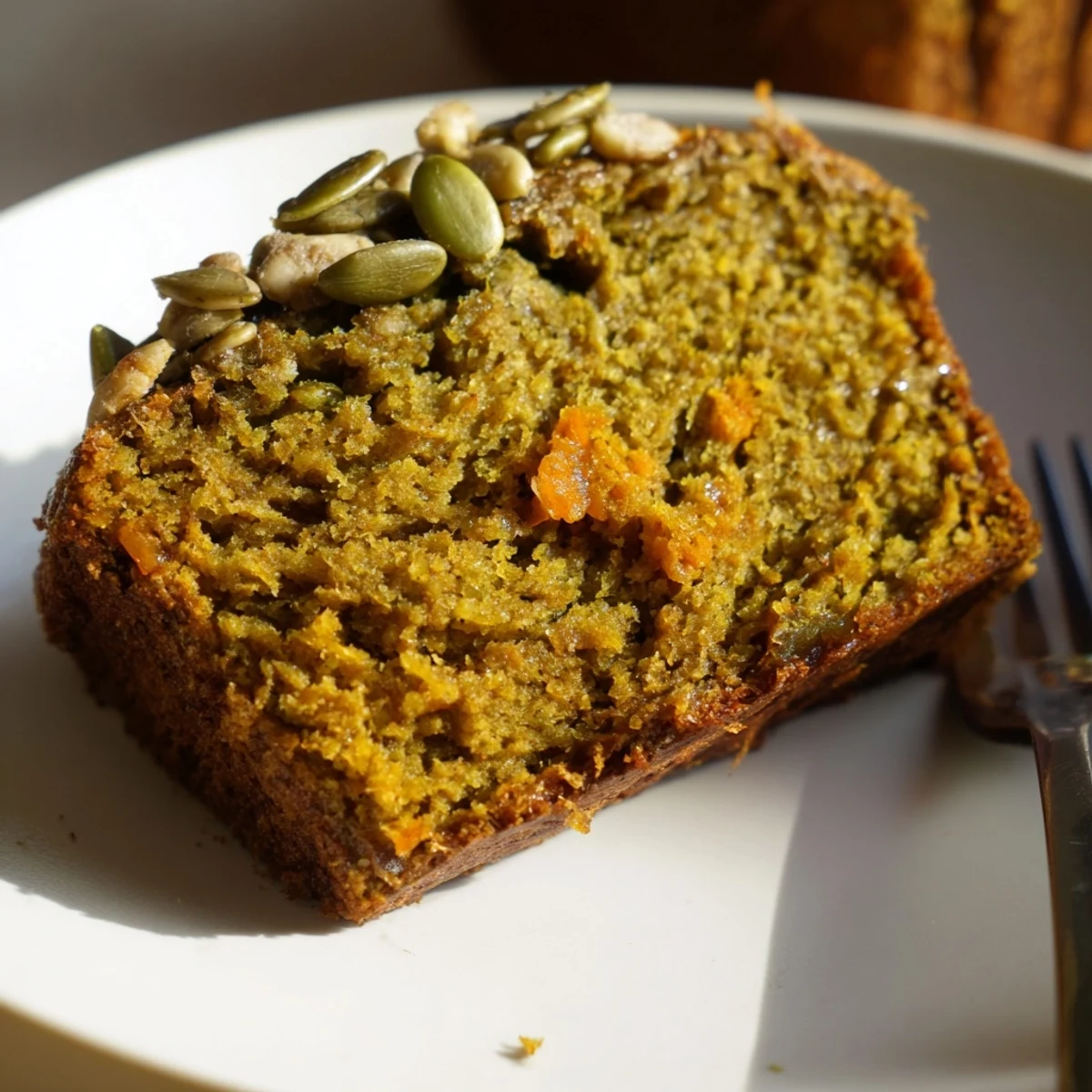 A delectable Matcha Pumpkin Spice Muffin Loaf fresh from the oven, topped with seeds.