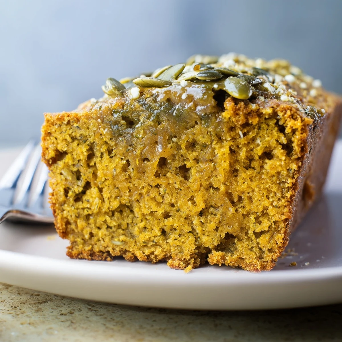 Sliced Matcha Pumpkin Spice Muffin Loaf on a rustic plate, showcasing its moist texture.