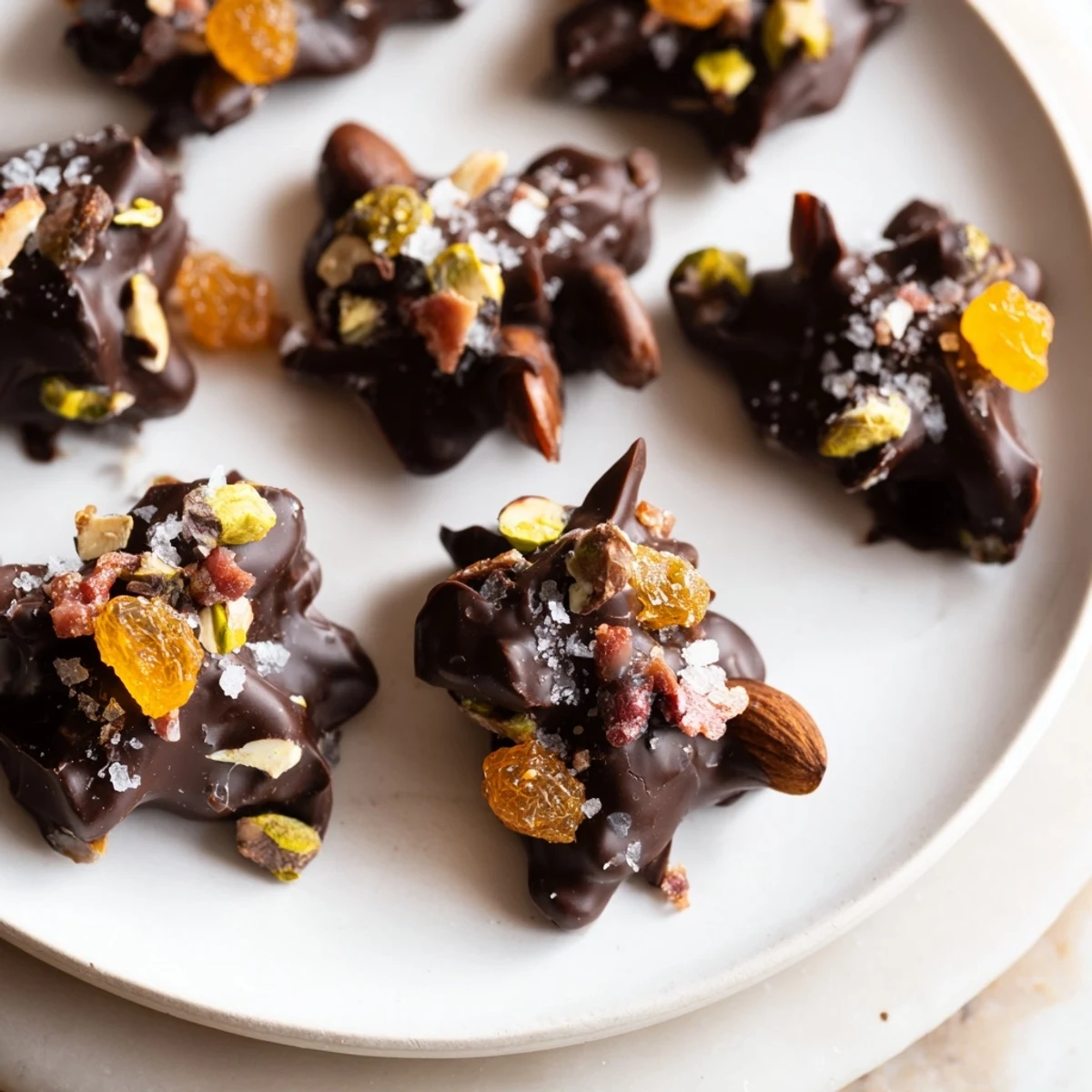 Decadent Charcuterie Board Fudge Clusters topped with flaky sea salt and nuts.
