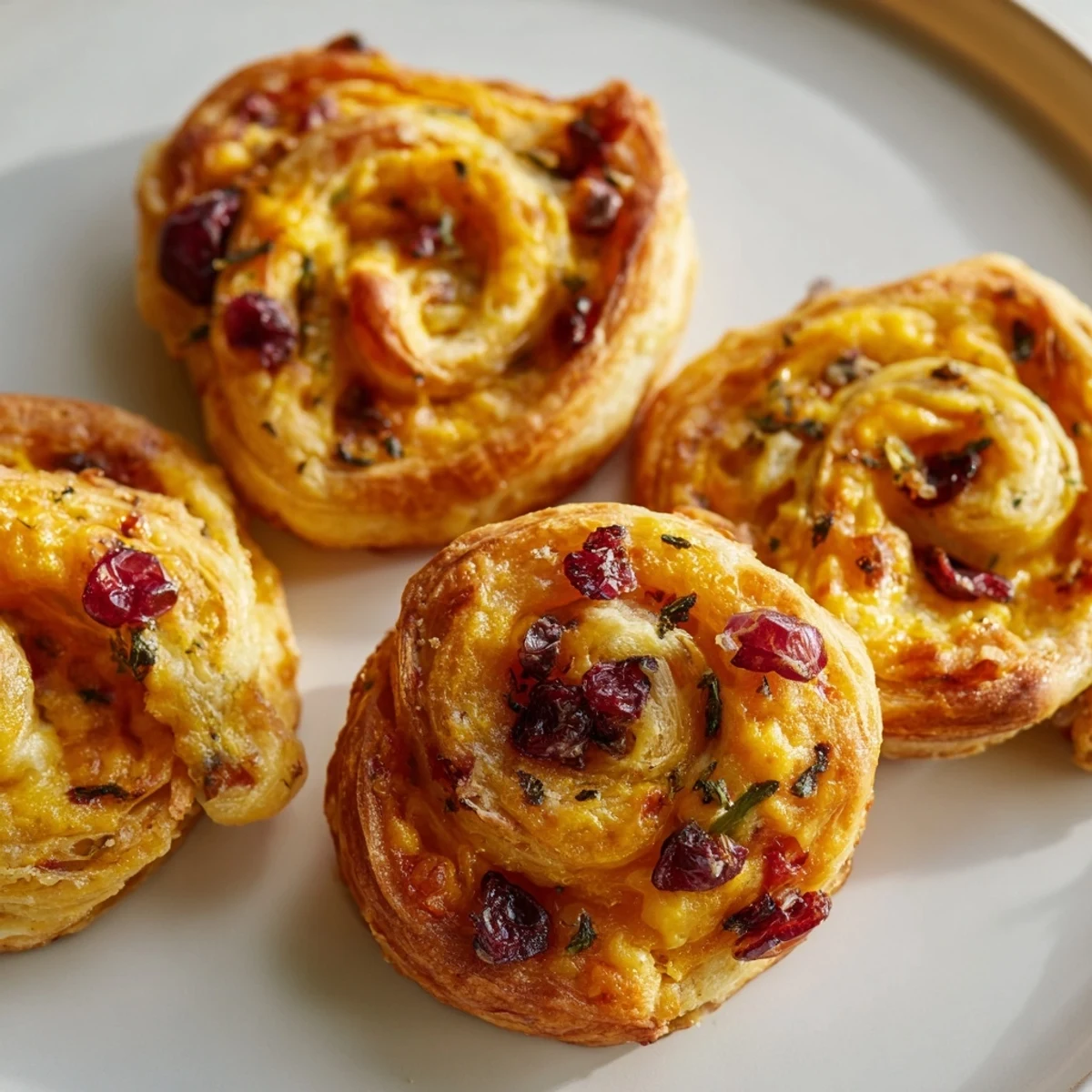 Golden-brown Cranberry Jalapeño Cheddar Swirls topped with a glossy egg wash.