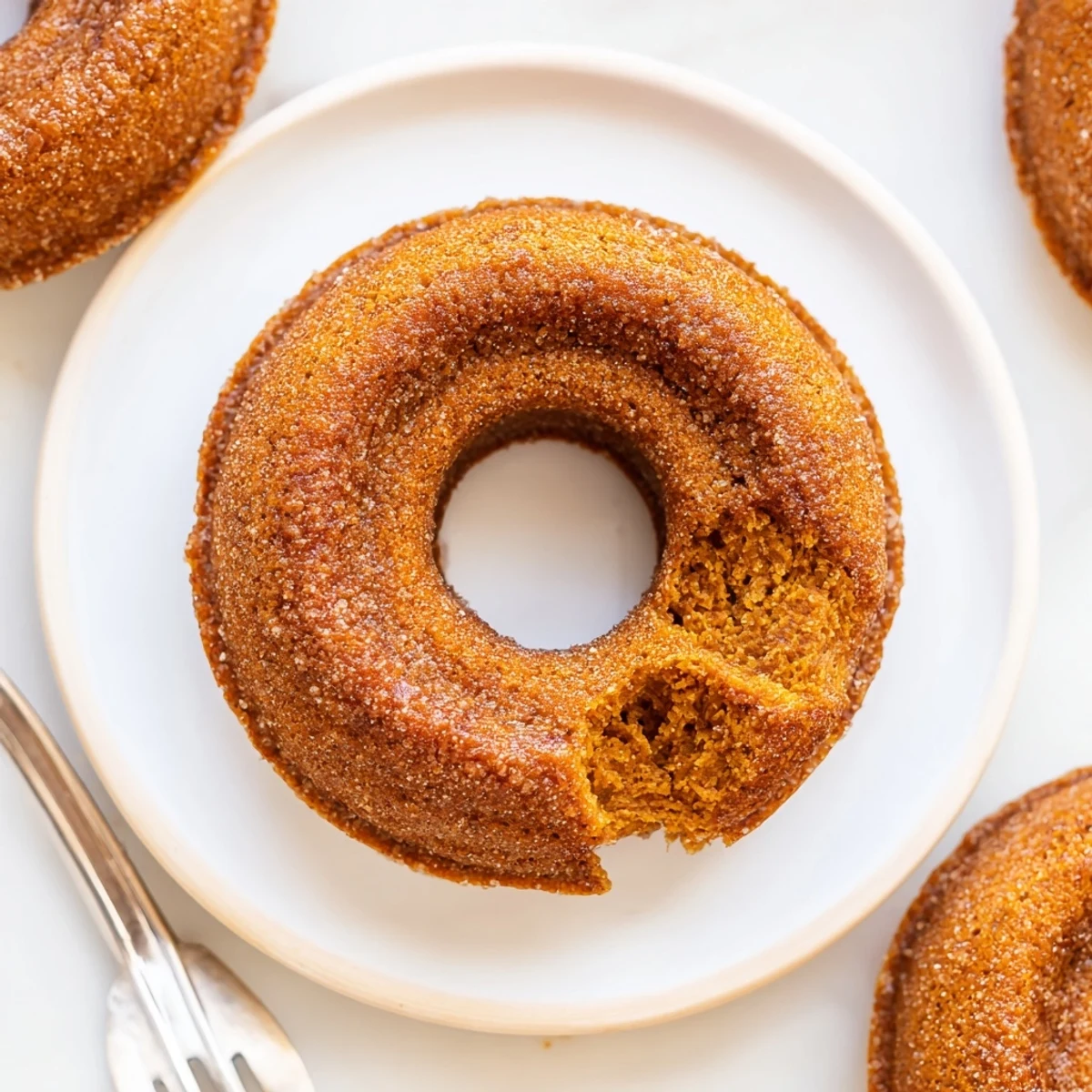 Deliciously spiced vegan pumpkin muffin donuts, baked and rolled in warm cinnamon sugar.
