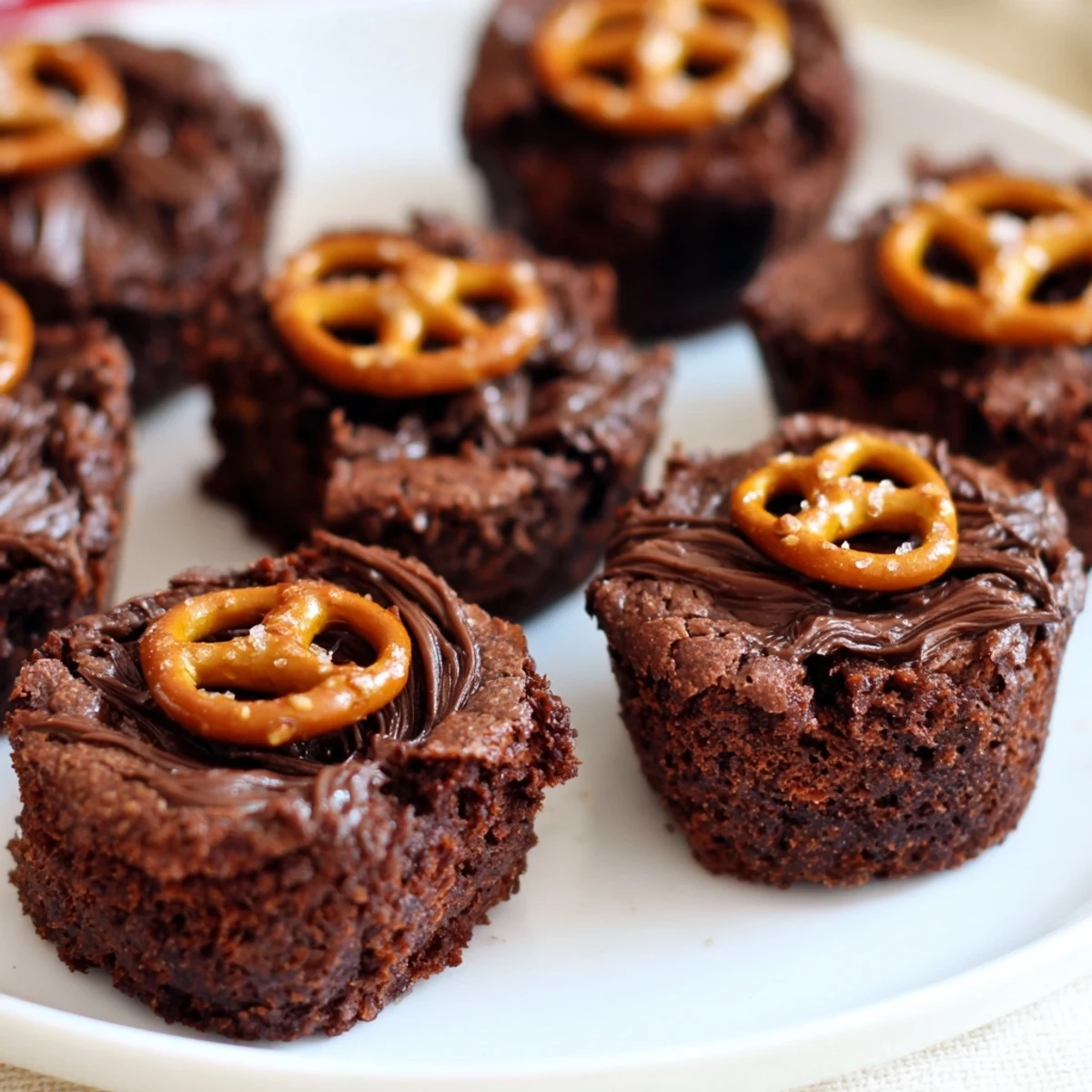 Decadent Nutella Pretzel Brownie Bites topped with crunchy pretzels and rich chocolate.  