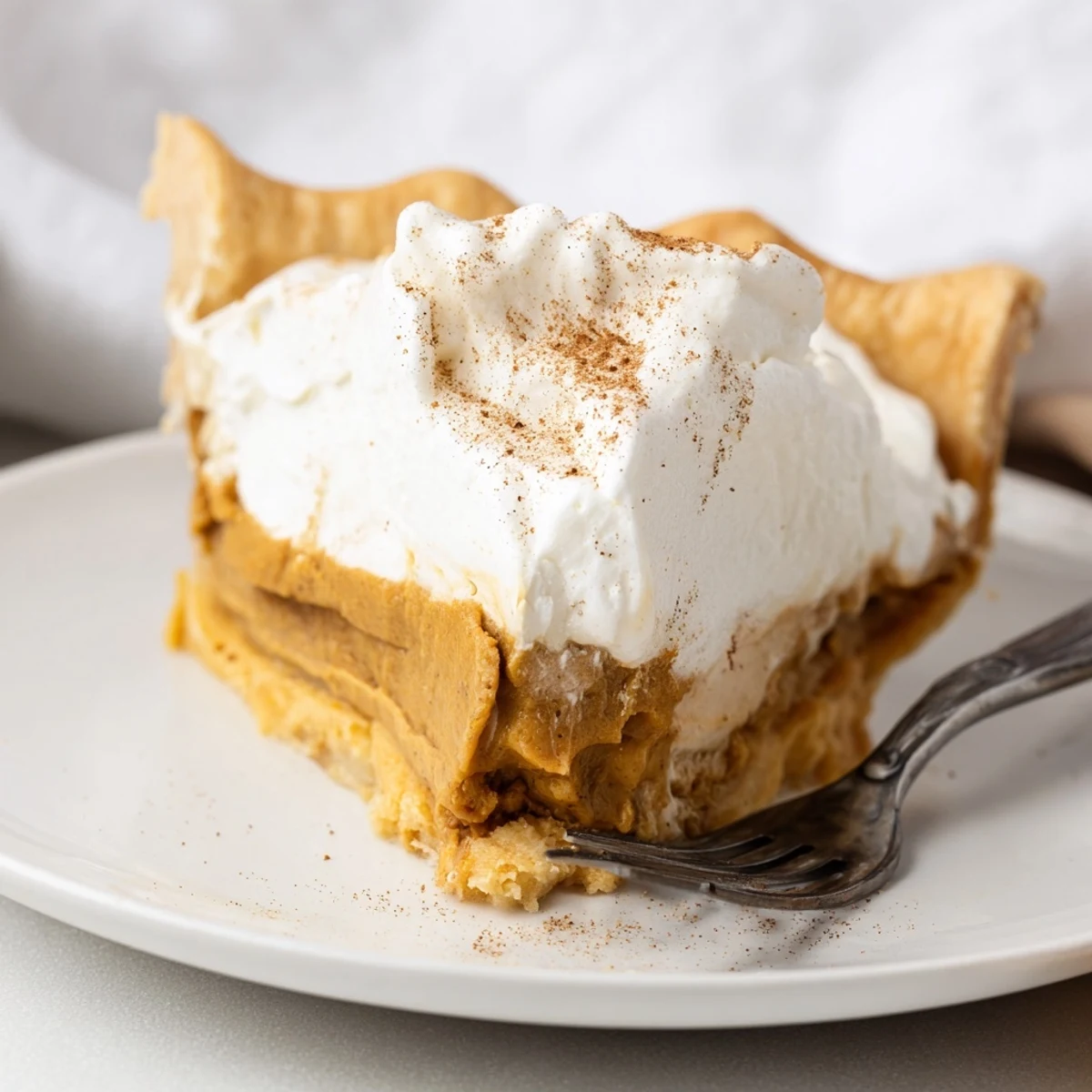 Creamy butterscotch pumpkin cream pie topped with fluffy whipped cream and spices.