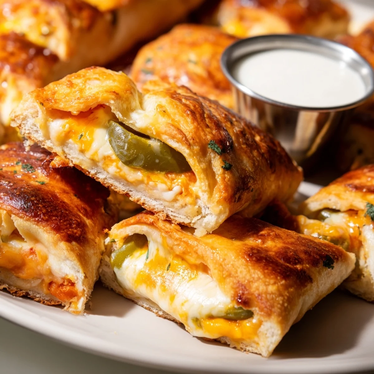Cajun Pickle Pizza Sticks drizzled with butter, garnished with parsley and melted cheese.