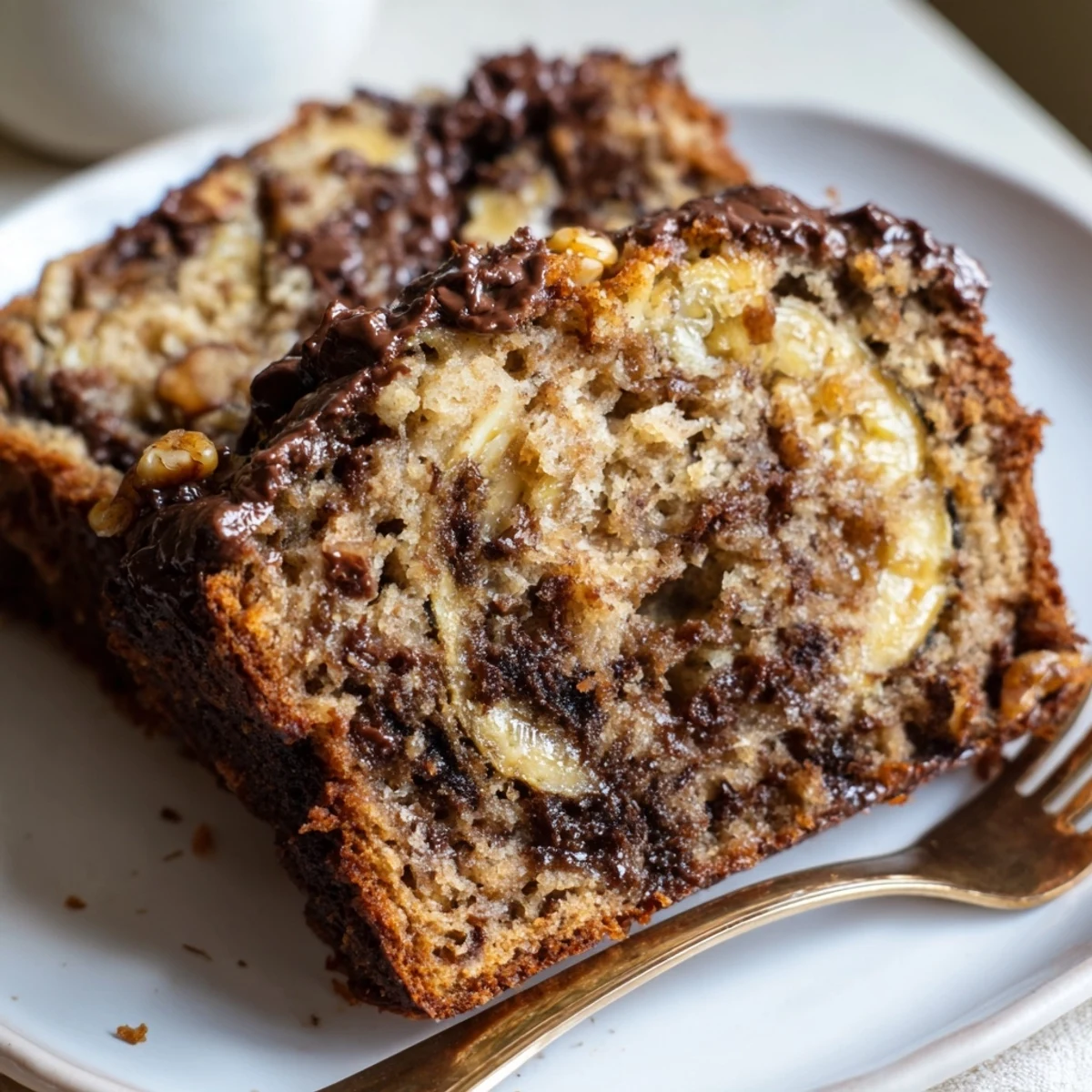 Slice of rich Coffee Cream Banana Bread topped with walnuts and chocolate chips.