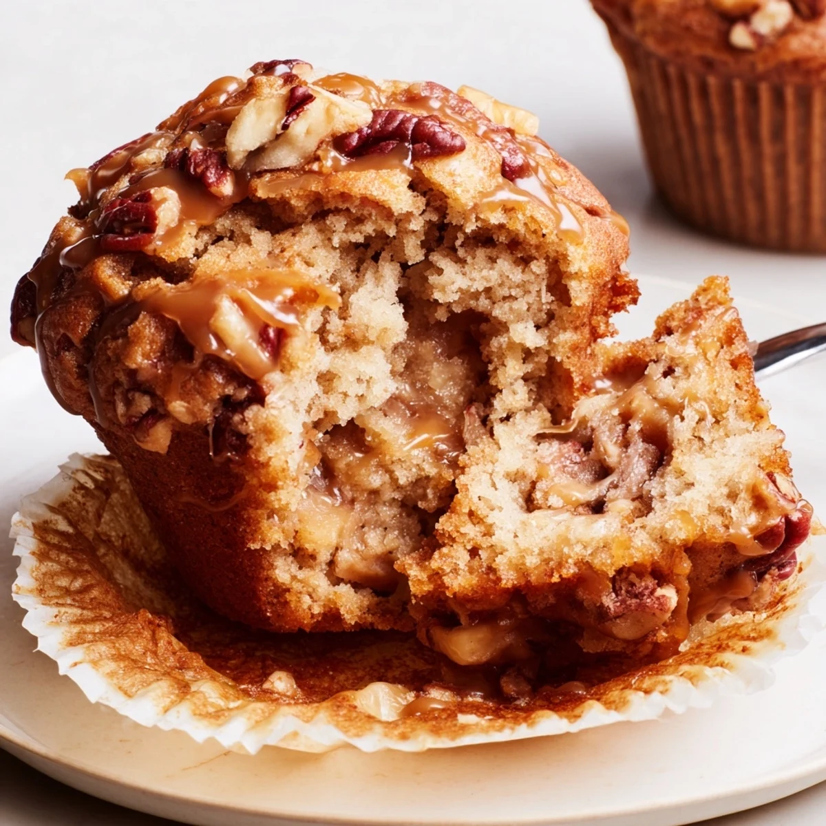 Moist caramel apple pecan muffins golden brown, topped with sweet caramel drizzles.  