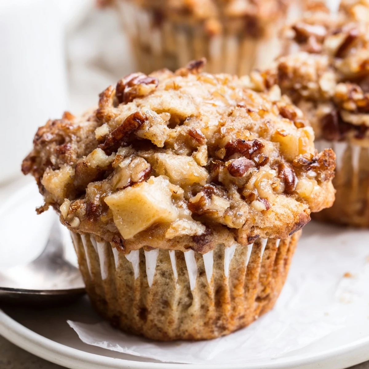 Delicious caramel apple pecan muffins with tender centers and a crunchy pecan topping.