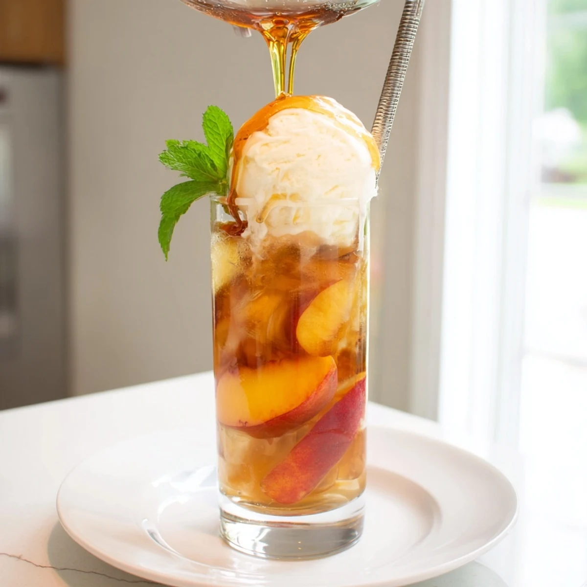 Refreshing Sweet Tea Peach Rebel Float topped with creamy vanilla ice cream and peach slices.  