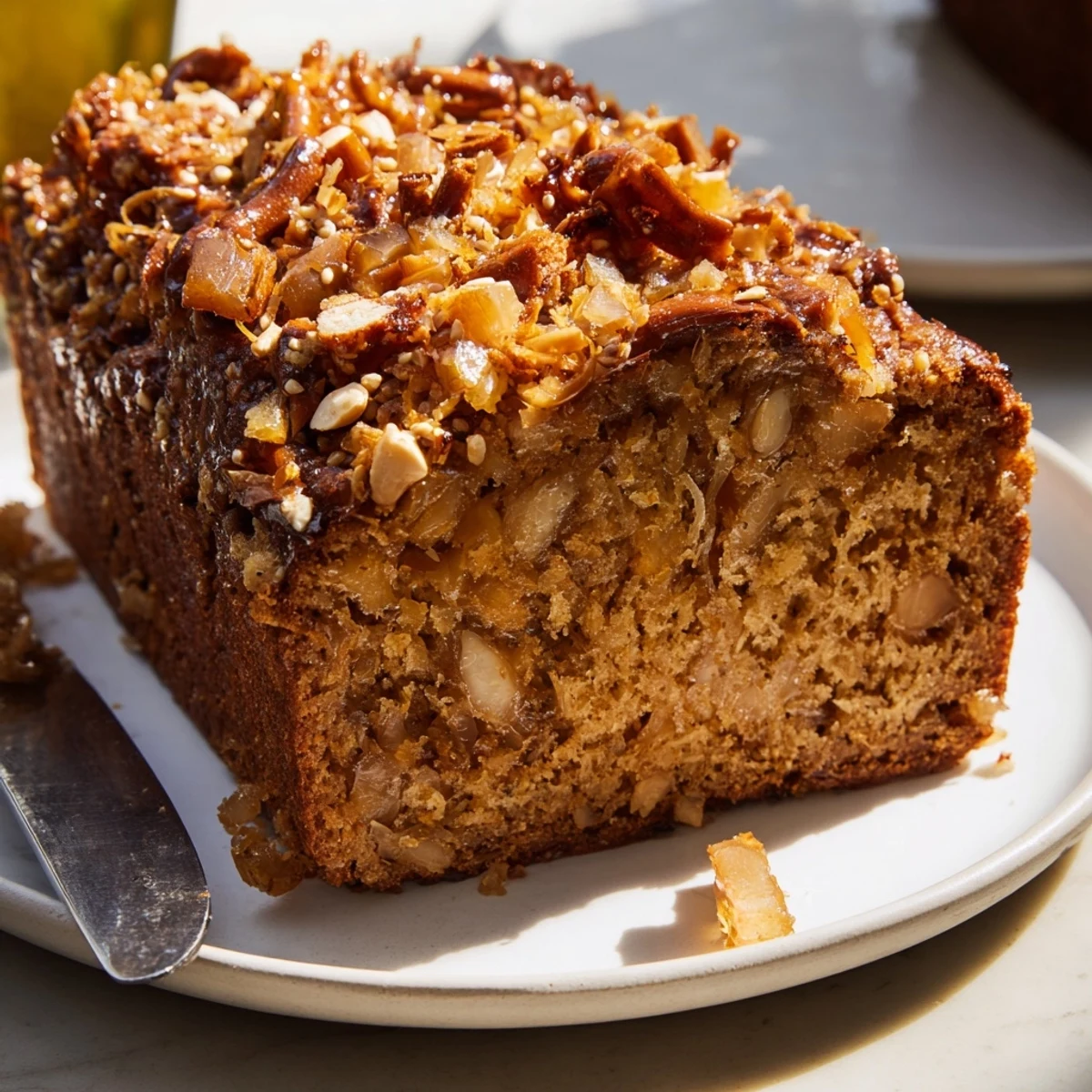 Savory Maple Ginger Cheddar Pretzel Muffin Loaf topped with crushed pretzels and sea salt.  