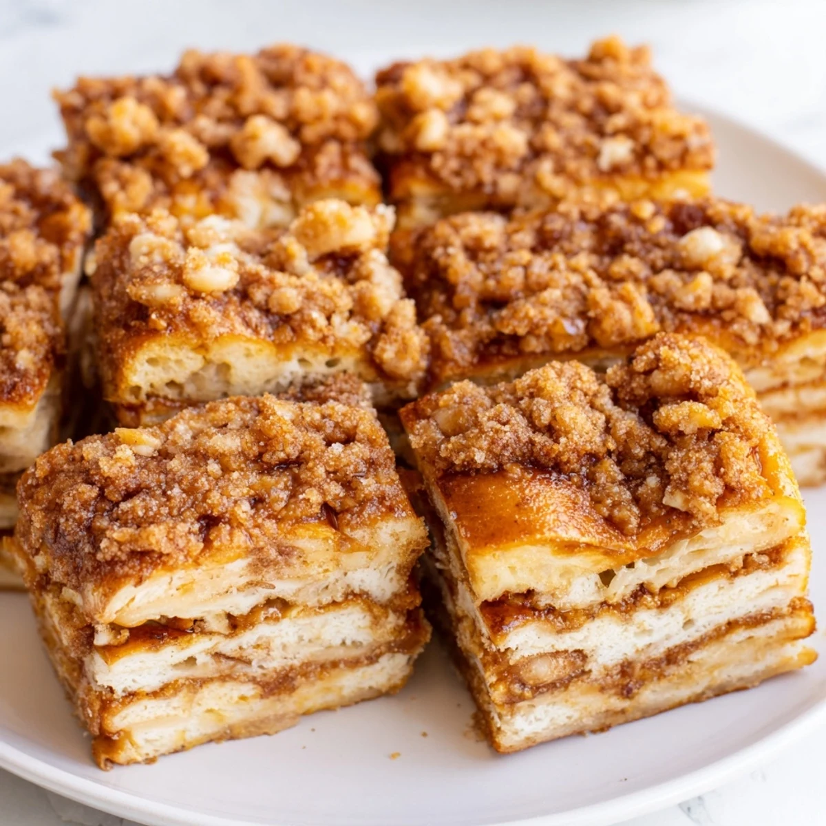 Fluffy Cheesy Pretzel Churro Cake Pancake Bars topped with cinnamon-sugar goodness.