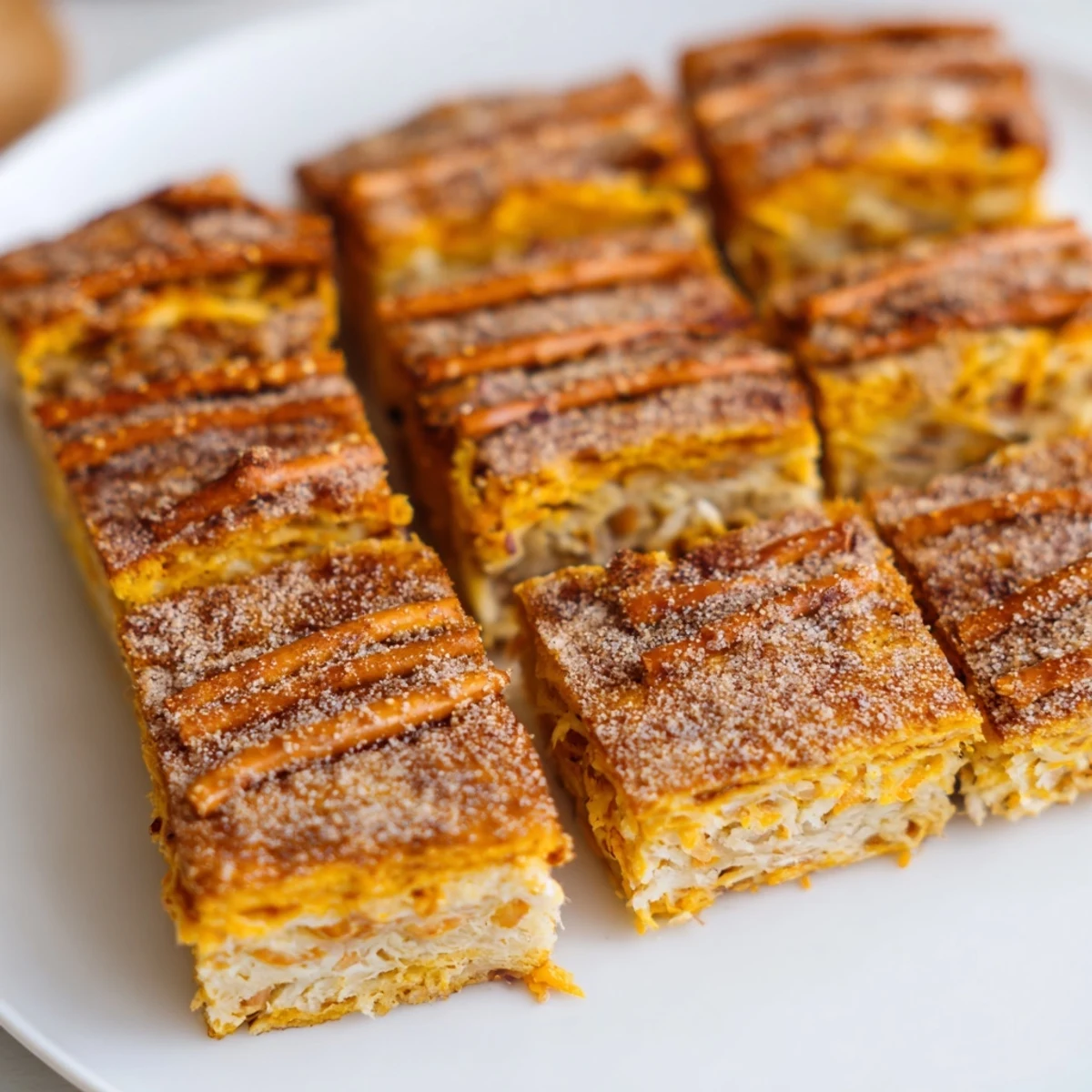 Decadent Cheesy Pretzel Churro Cake Pancake Bars drizzled with melted butter and sweetness.