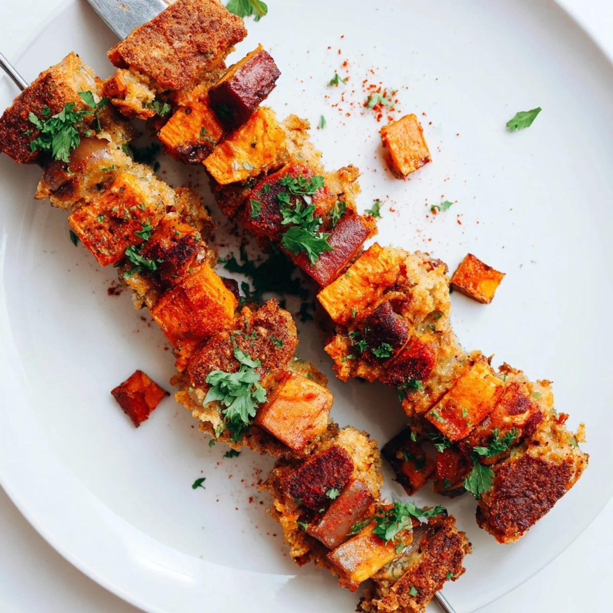 Fluffy Sweet Potato Chili Garlic Biscuit Muffin Skewers served on a rustic platter.