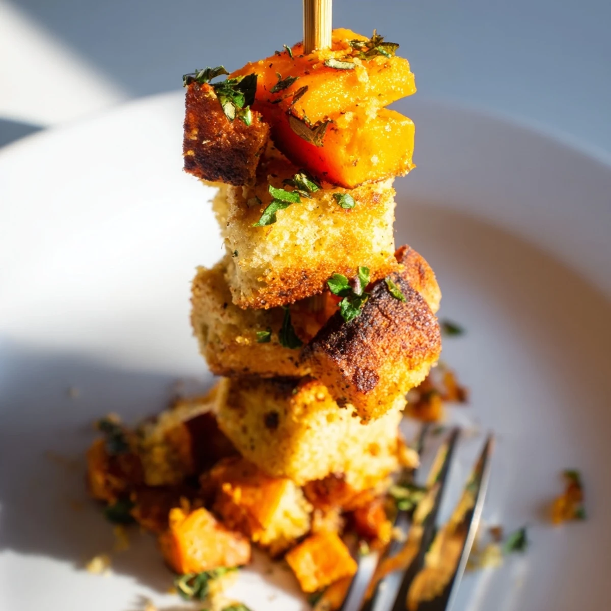 Warm Sweet Potato Chili Garlic Biscuit Muffin Skewers garnished with chives for extra flavor.