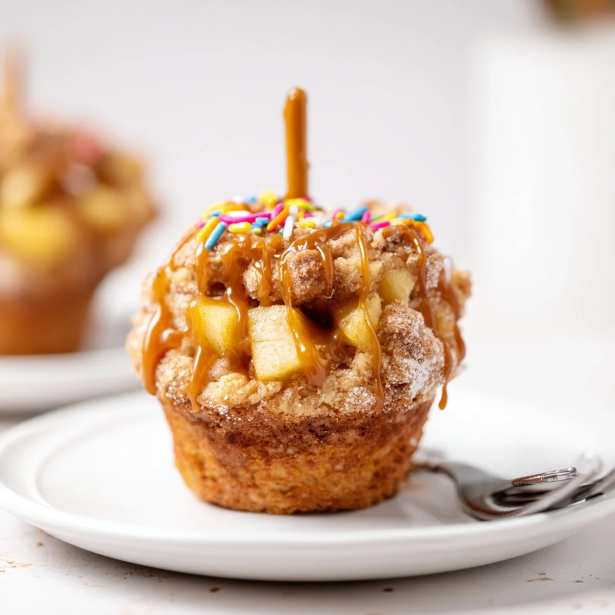 Fluffy Caramel Apple Cinnamon Birthday Biscuit Muffin Pops drizzled with sweet glaze.  
